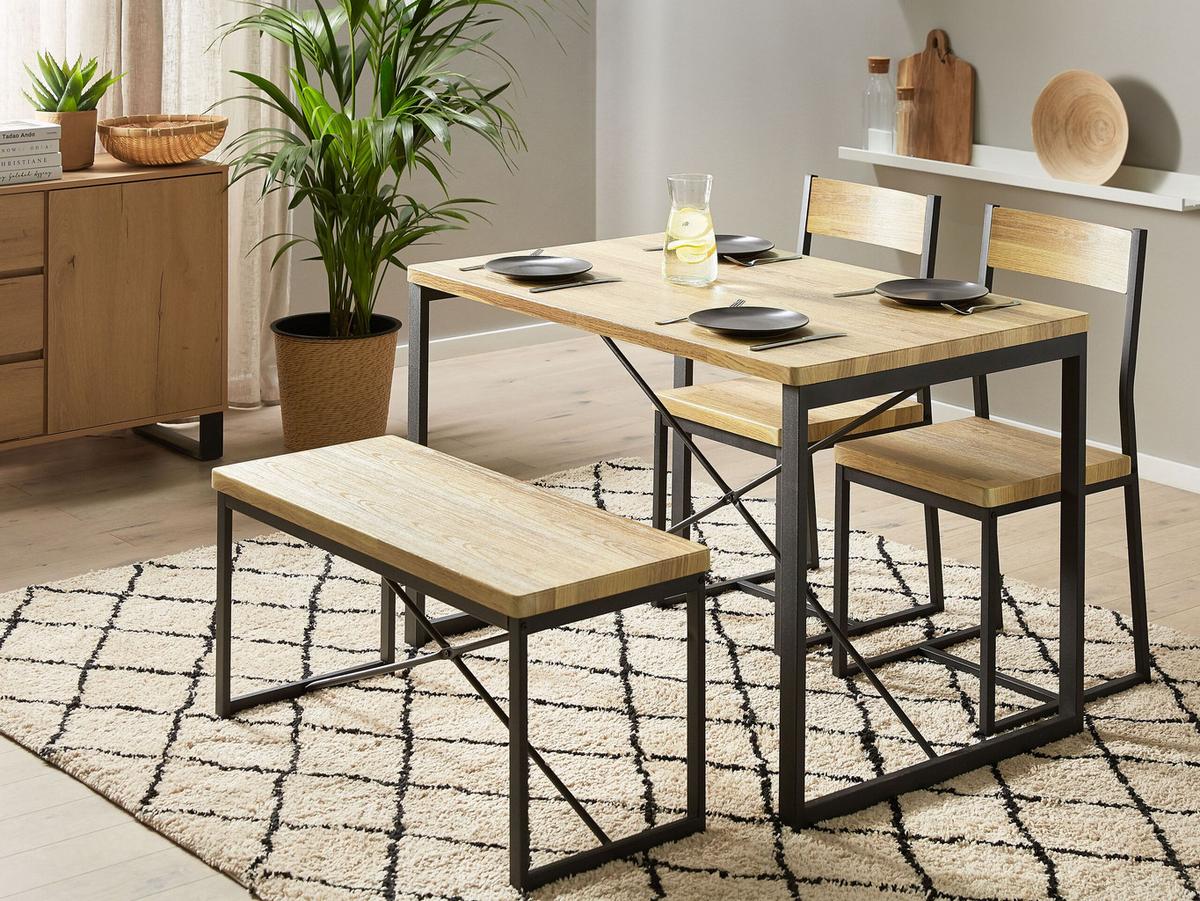 ESSGRUPPE Hellbraun, Schwarz 4-Sitzer 110/70 cm 2 Stühle und Bank Flixton - Hellbraun, Holzwerkstoff (110/86/70cm) - Beliani