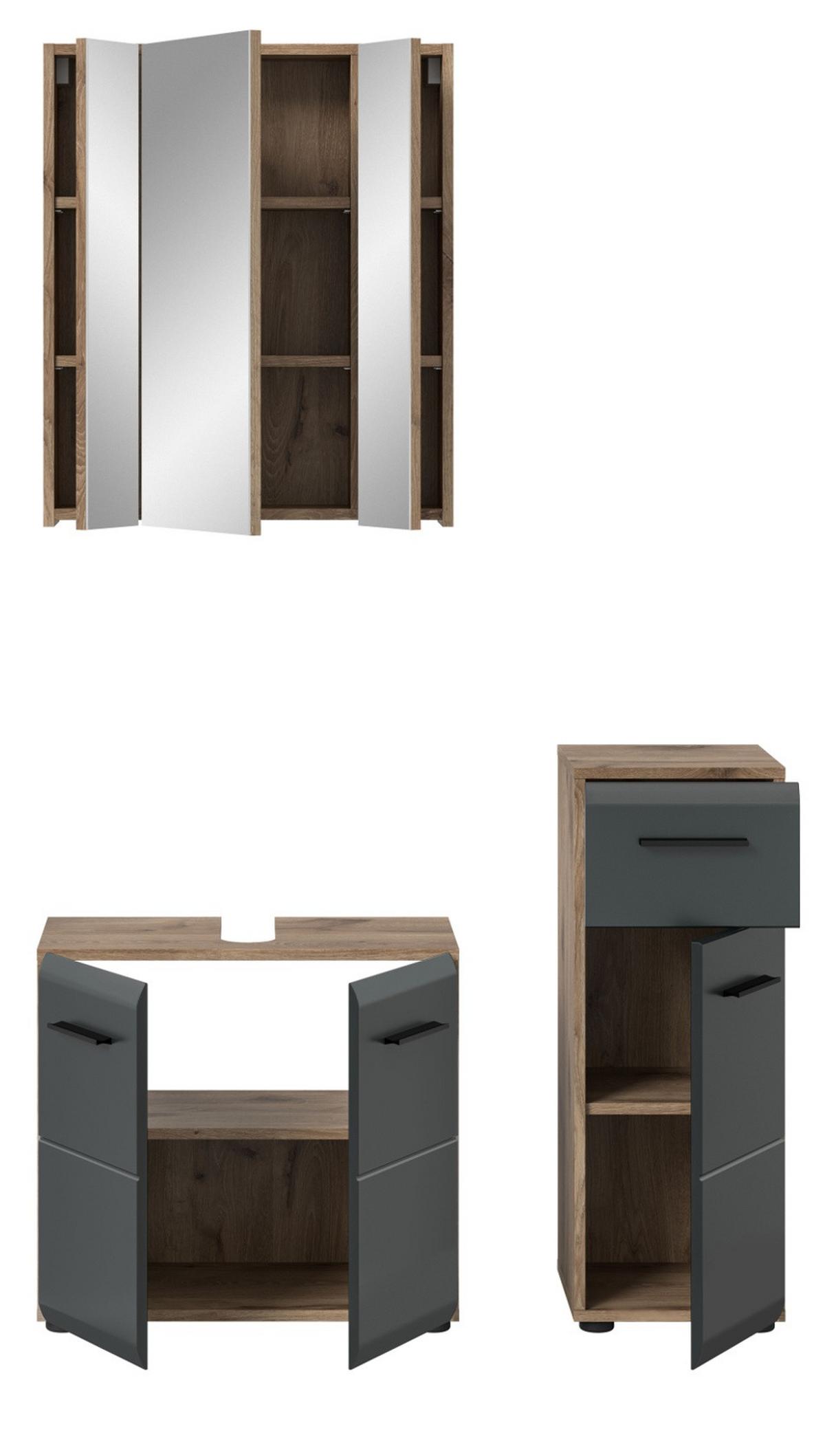 BADMÖBEL-SET 3-teilig in schwarz matt, Eiche Nox, Badkombination mit viel Stauraum, 105 x 185 cm - Eichefarben/Schwarz, Glas/Holzwerkstoff (105/185/30cm) - Inn.Furn