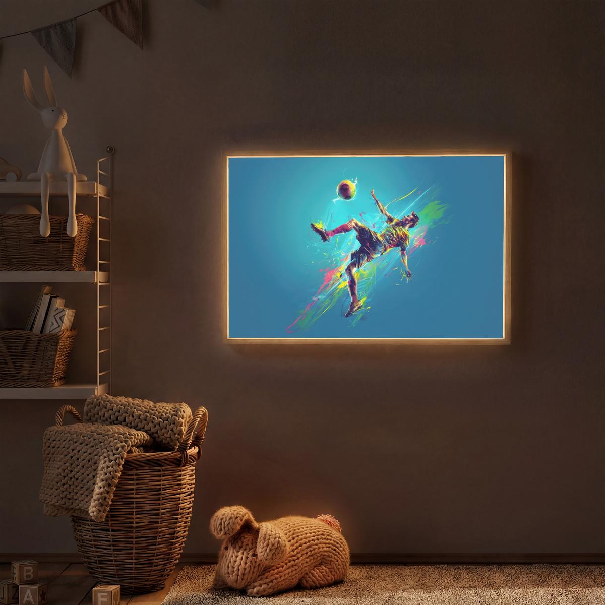 WANDLEUCHTE MIT AKKU Fußballer - Farbspritzer - Farbenfroh - Ball 100x70 cm - Blau, Holzwerkstoff (100/70/8cm) - OnlyWow