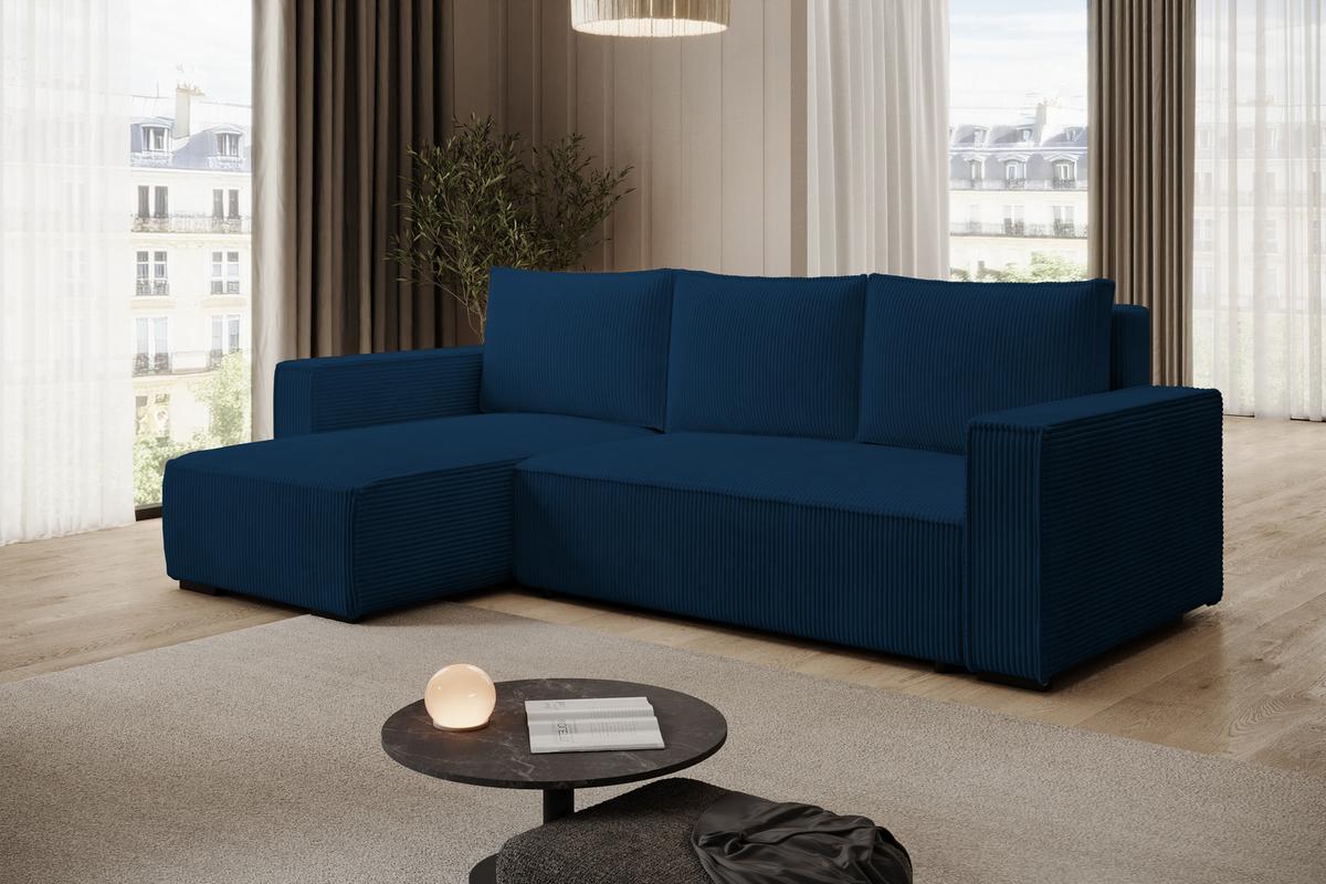 ECKSOFA CUDDY L, Eckcouch in L-Form mit Schlaffunktion und Bettkasten, Farbe: Blau, Cordstoff, Ottomane Links - Blau, Textil (240/140cm) - Storez24
