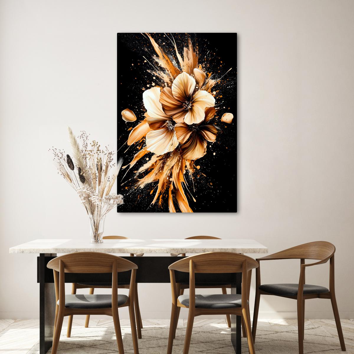 LEINWANDBILD Blumen - Gold - Graffiti - Schwarz - Abstrakt Deko XXL 80x120 cm - Cappuccino, Textil (80/120cm) - MuchoWow