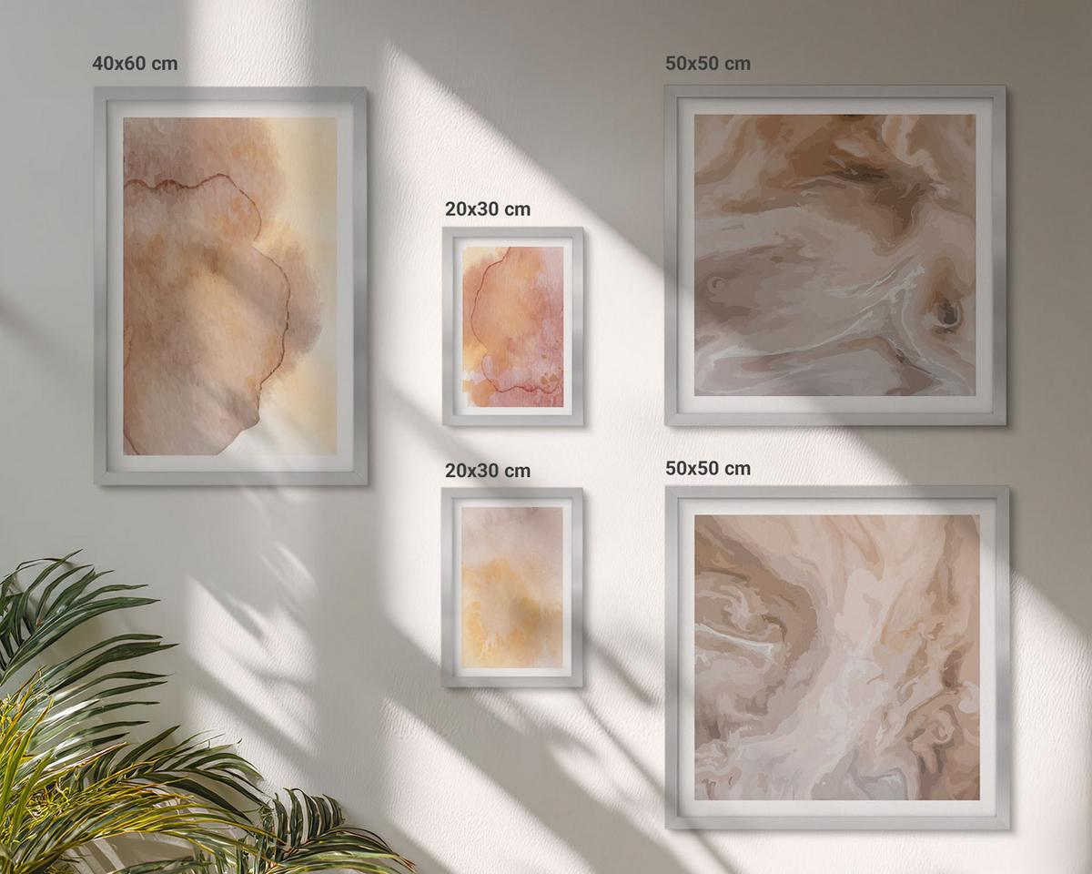 BILDER SET 5er Set - 50x50 cm & 20x30 cm & 40x60 cm Silberner Rahmen - Warme Aquarellfarben auf Leinwand - Silberfarben, Kunststoff (40/60cm) - TULUP