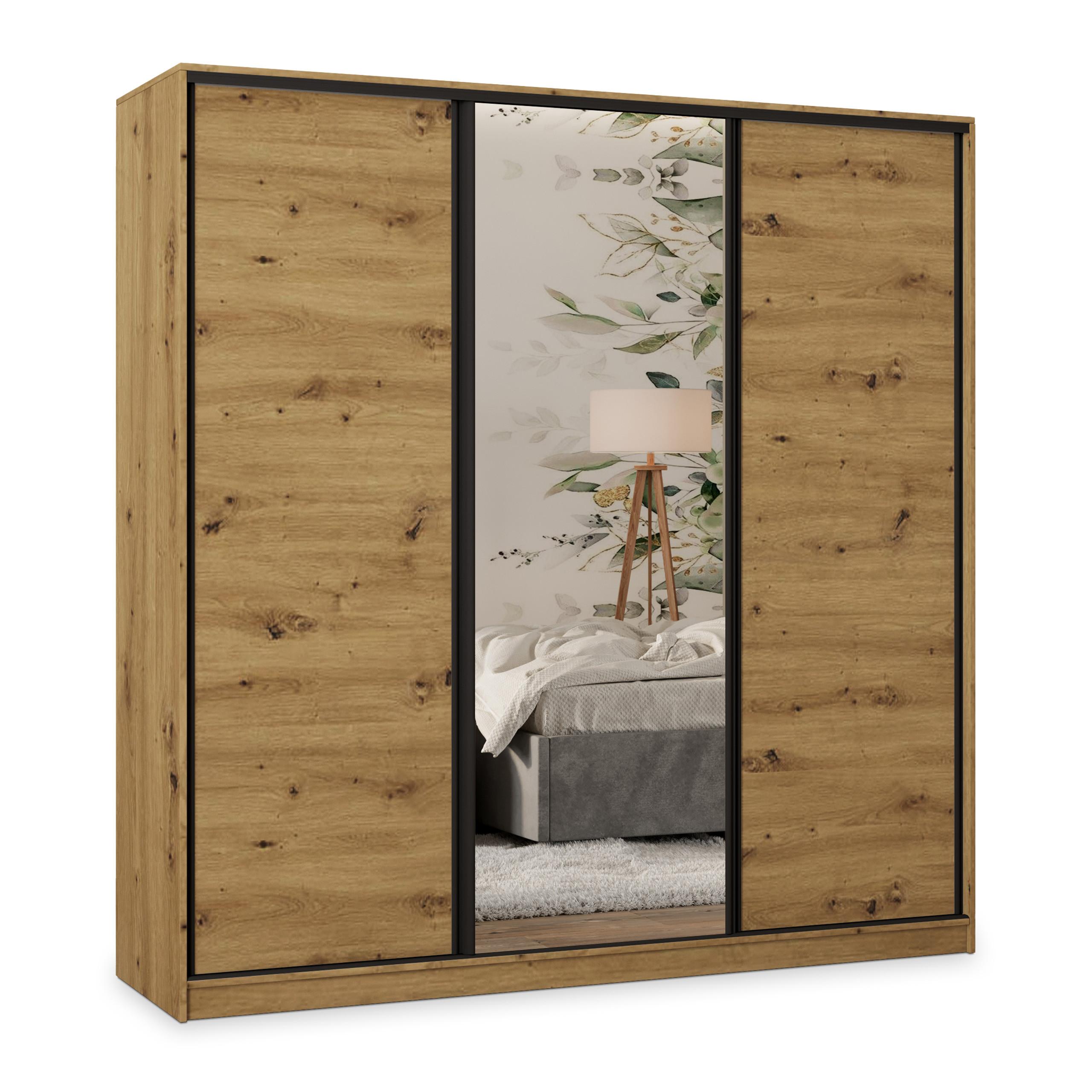 SCHWEBETÜRENSCHRANK TARI 180/205/58 cm 3-türig mit Spiegel und Schubladen Eiche Artisan - Schwarz/Eiche Artisan, Holzwerkstoff (180/205/58cm) - MASSENO
