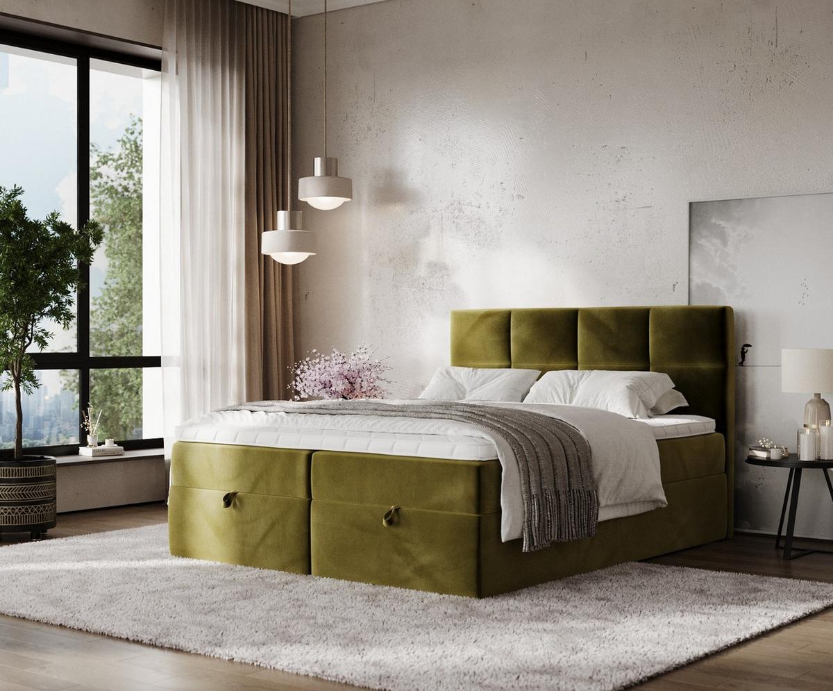 BOXBETT Velto 160/200 cm Olivgrün im Kronos Stoff - Schwarz/Olivgrün, Holz/Holzwerkstoff (160/200cm) - AltaBeds