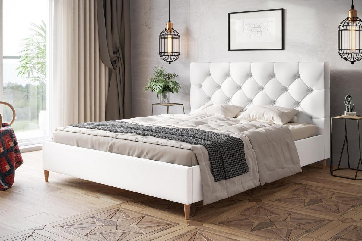 POLSTERBETT LUX Boston mit Kopfteil, 140 x 200 cm, Doppelbett mit Lattenrost aus Holz, Kunstleder Weiß, Füße in Farbe: Braun - Weiß, Holz/Textil (140/200cm) - Alpi-Möbel