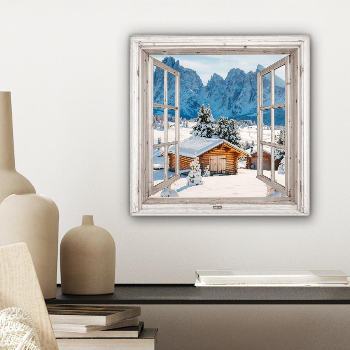 LEINWANDBILD Winterlandschaft - Hütte - Berge - Ausblicke - Aussicht - Natur Deko Wohnzimmer 20x20 cm - Weiß Hochglanz, Textil (20/20cm) - MuchoWow