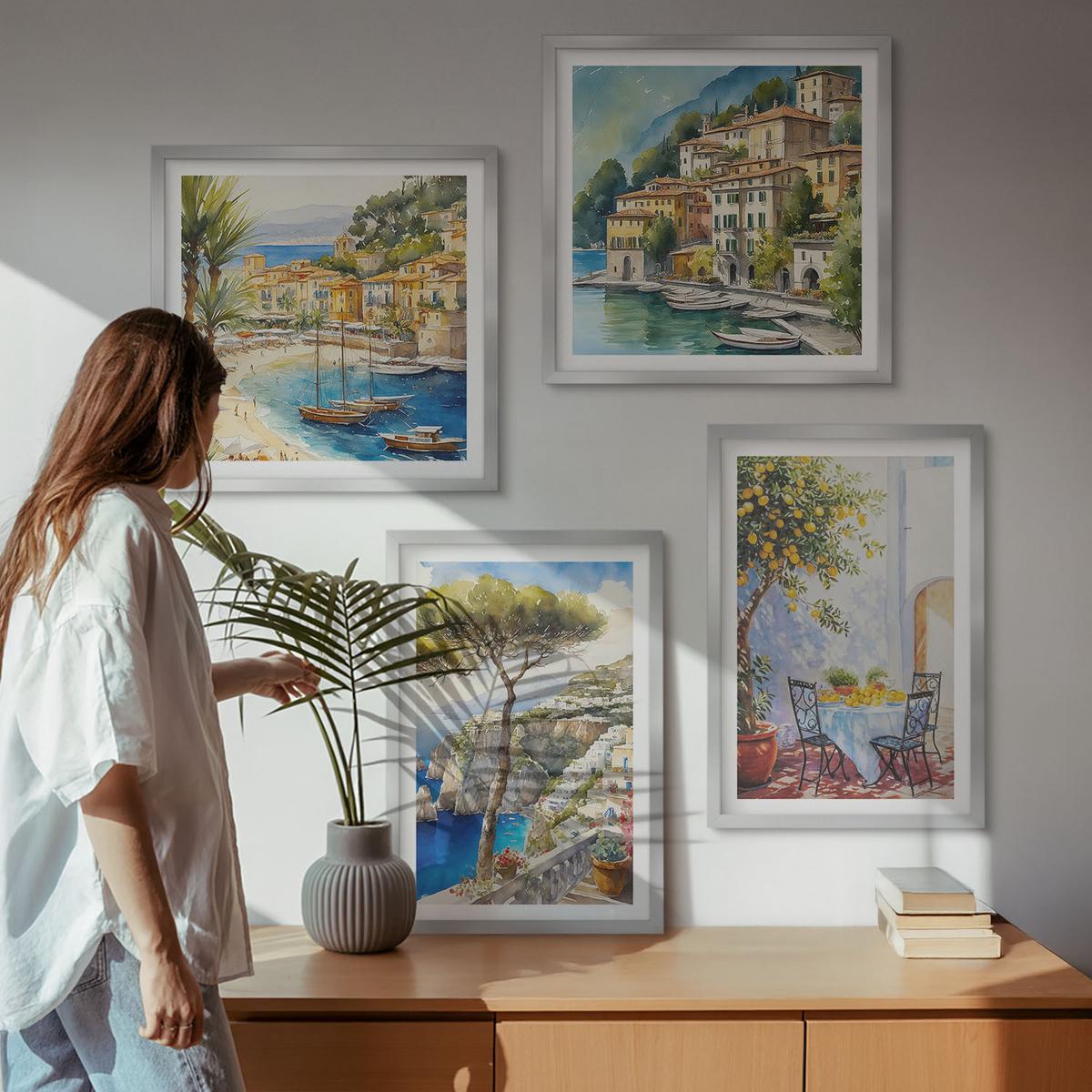 BILDER SET 4er Set - 50x50 cm & 40x60 cm Silberner Rahmen - Italienische Städte (Aquarell) - Silberfarben, Kunststoff (50/50cm) - TULUP