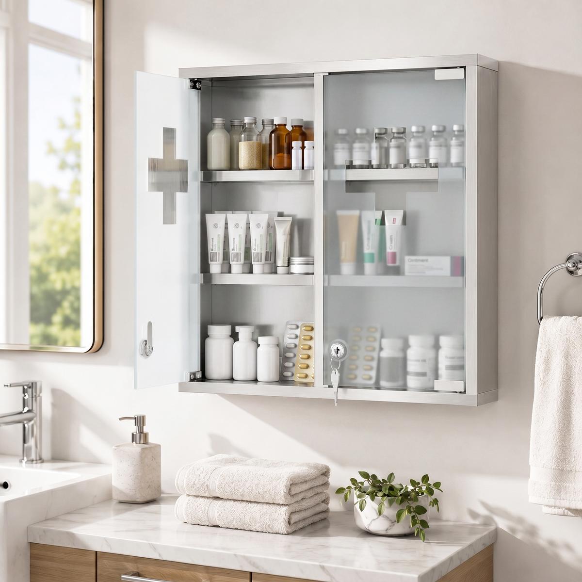 MEDIZINSCHRANK Edelstahl 430 gehärtetes Glas Silber - Silberfarben, Metall (12/48/46cm) - HOMCOM