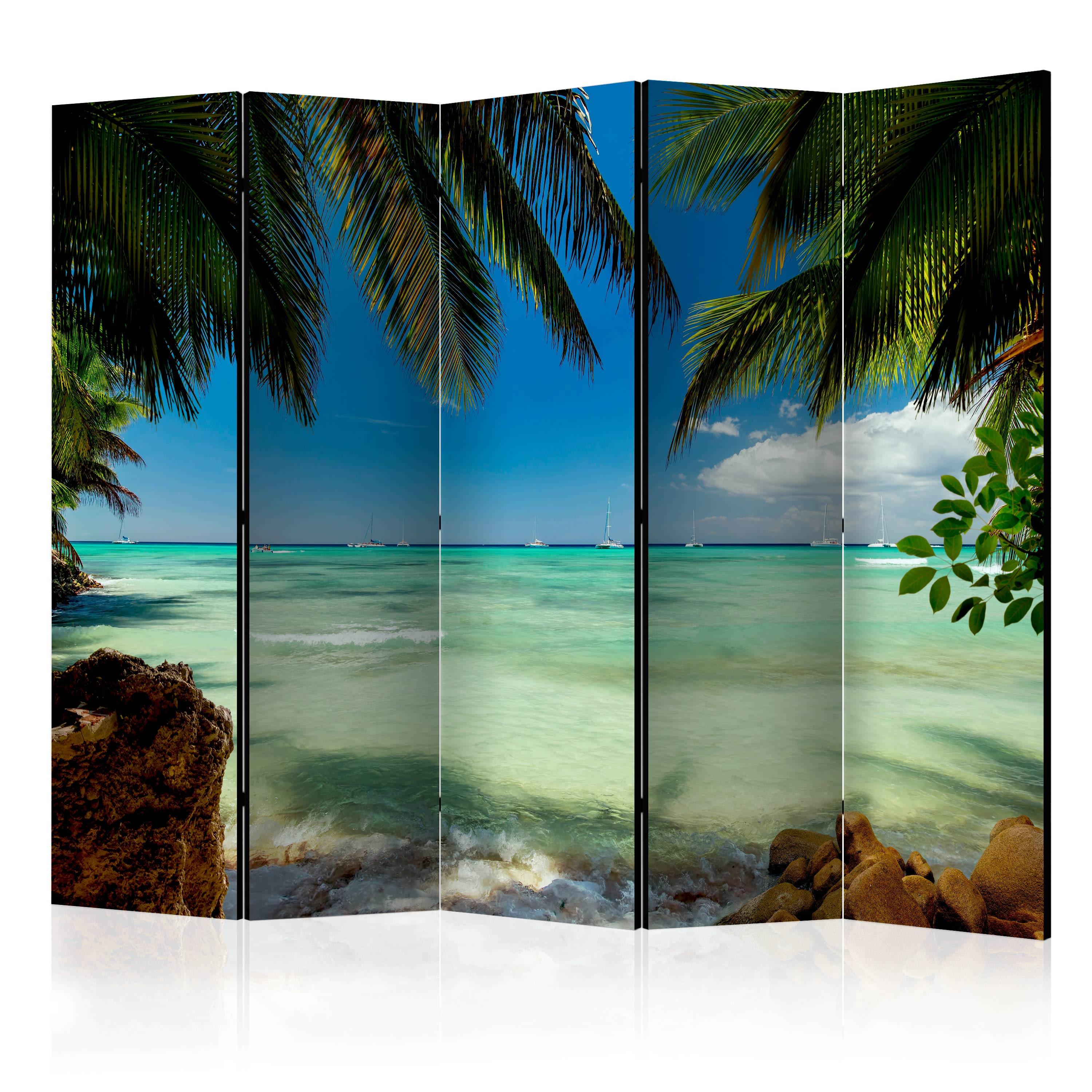 PARAVENT Einseitig Bedruckter 5-tlg 225x172 cm Palmen Strand Meer 3D - Blau, Holz/Textil (225/172/3cm) - Muralo
