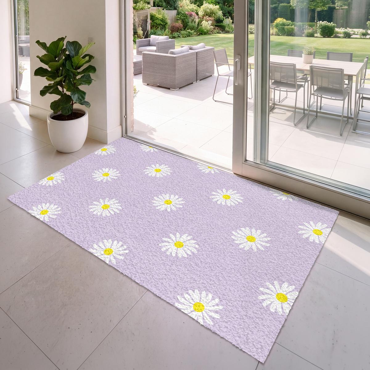FUSSMATTE Gänseblümchen - Pastell - Weiß - Lila - Blumen Sauberlaufmatte 180x120 cm - Flieder, Kunststoff (180/0.4cm) - MuchoWow