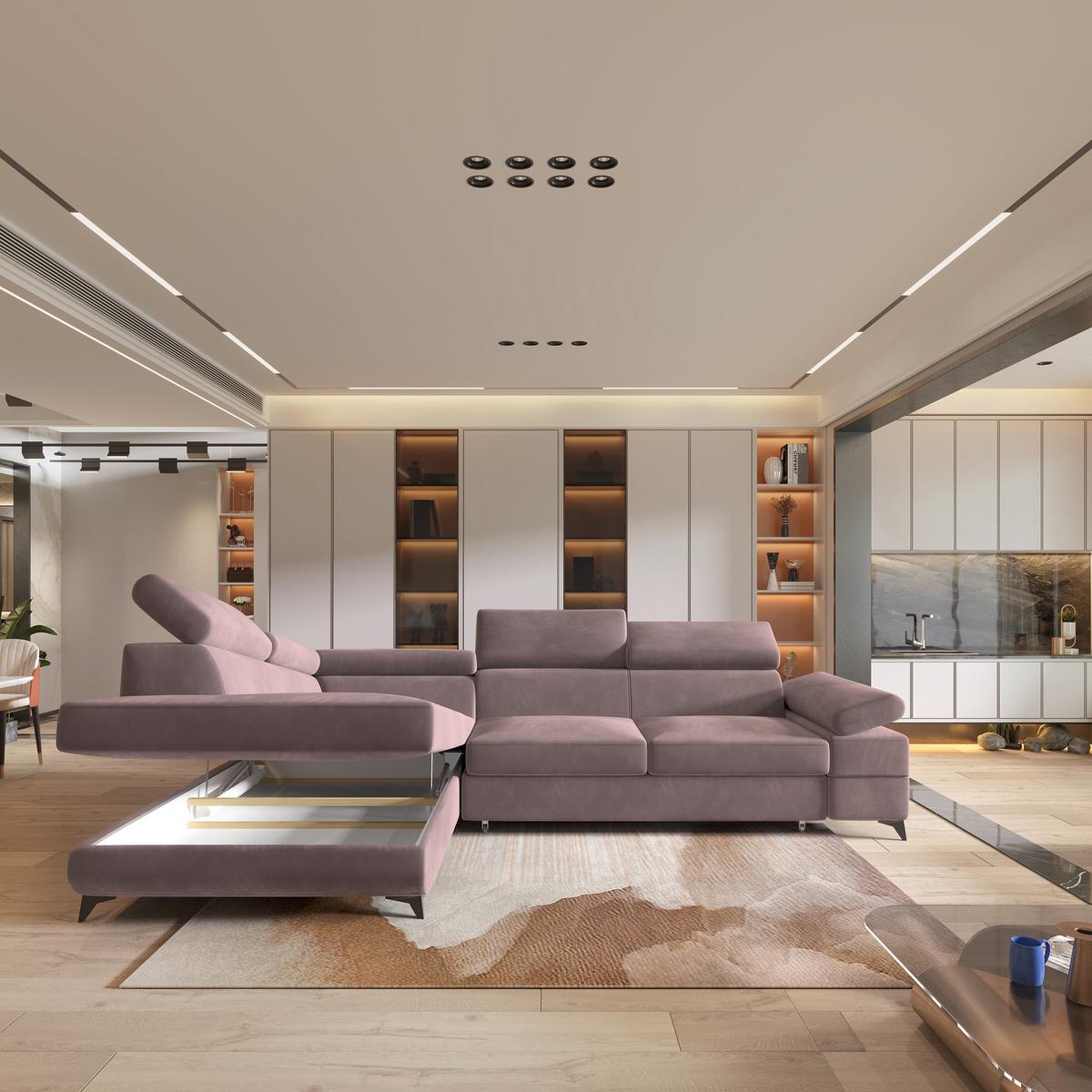 ECKSOFA FAVIEN L-S Lila Velours-Stoff mit Schlaffunktion - Lila, Holz (257/190cm) - MASSENO