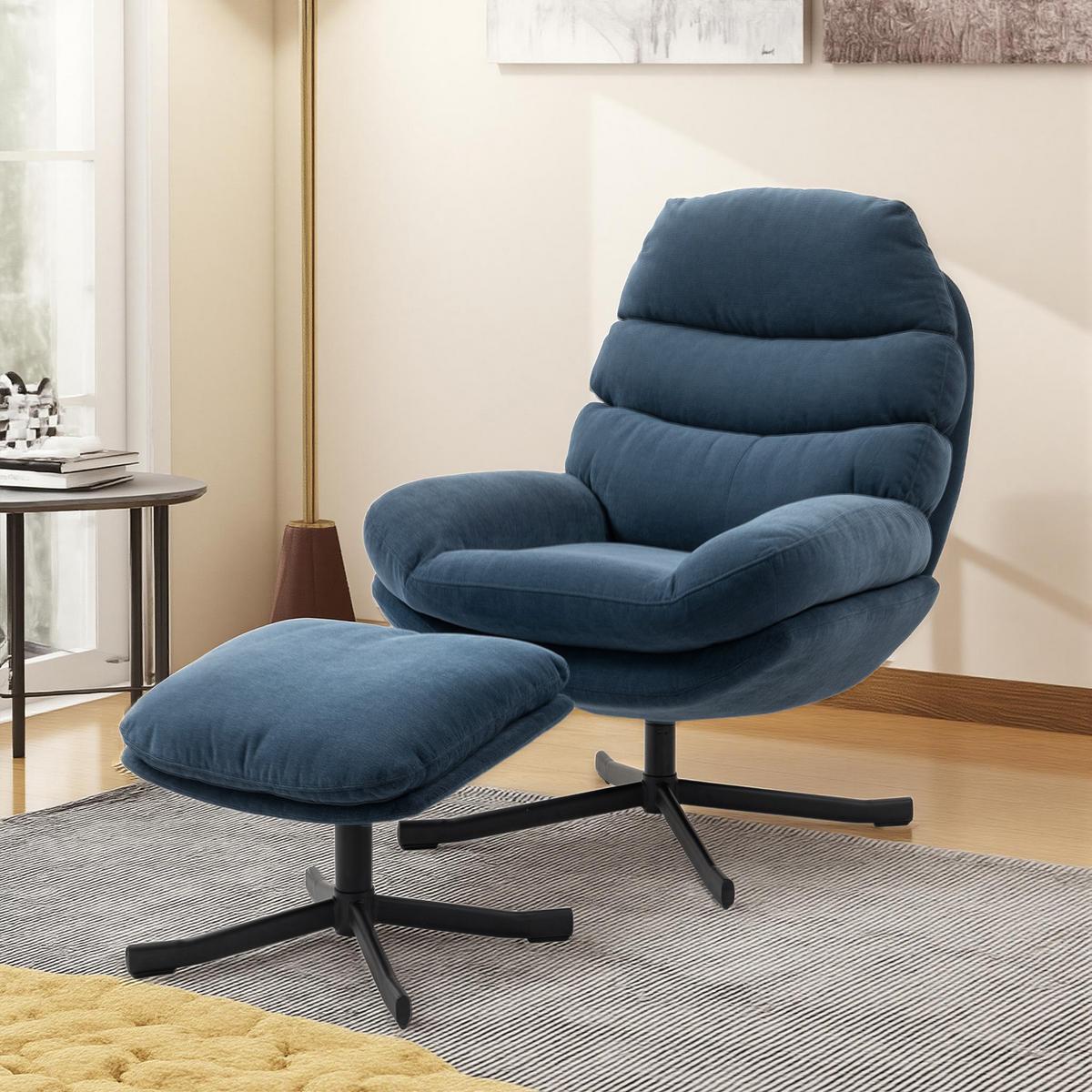 RELAXSESSEL mit Hocker Sessel Loungesessel mit Chenille-Stoff Fernsehsessel Blau - Blau/Schwarz, Textil/Metall (78/100/93cm) - HOMCOM