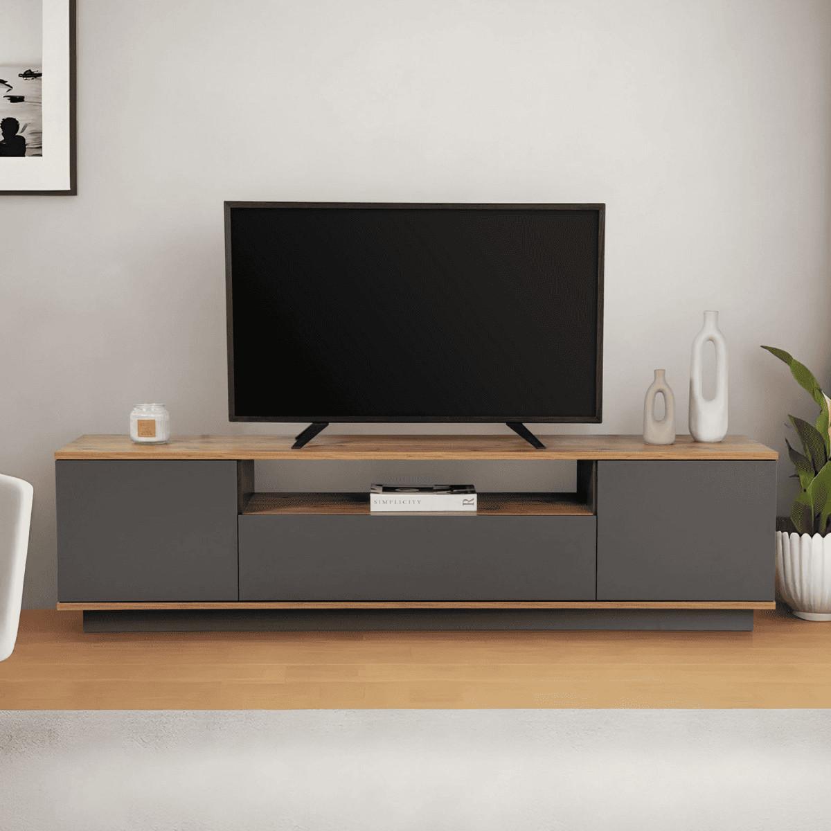 TV furniture with 3 folding doors and 1 niche, L180 cm - Grau, Holzwerkstoff (44.5/44.6/12cm) - Calicosy