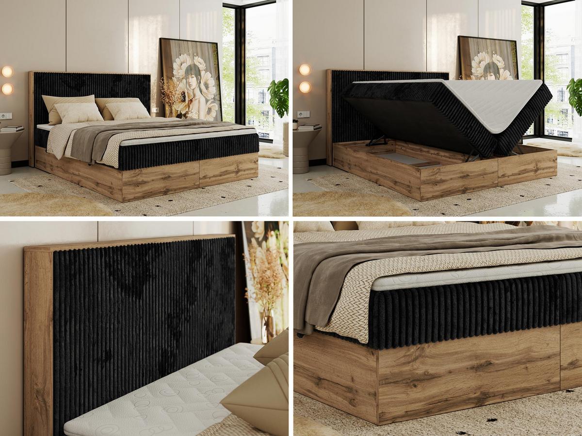 BOXBETT WOOD CLASSIC 160/200 - Schwarz Cord - H4 - Schwarz, Textil (160/200cm) - MKS