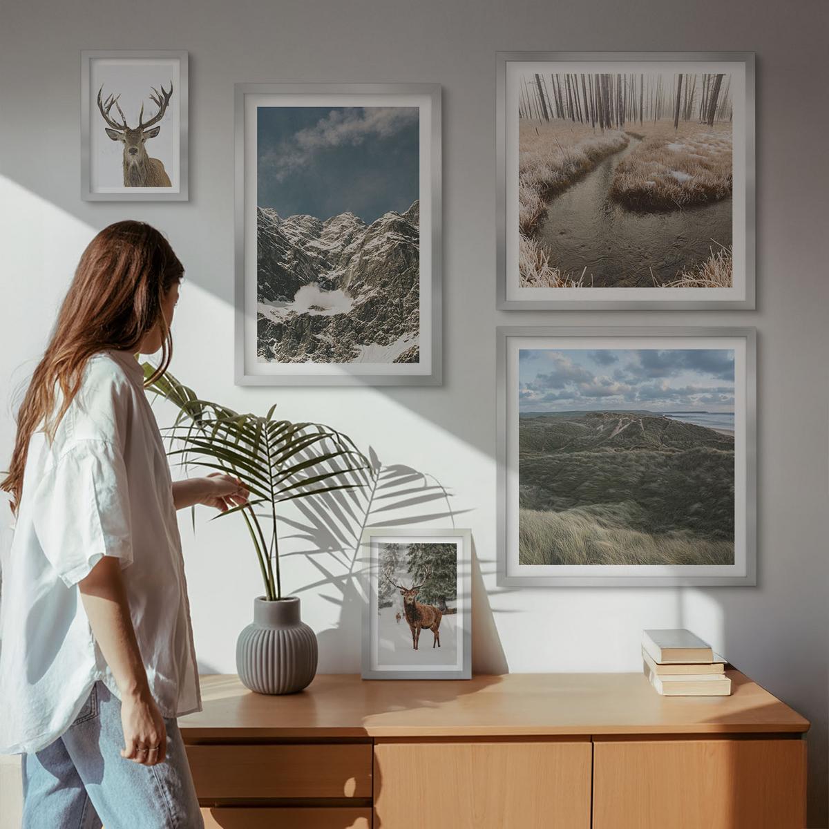 BILDER SET 5er Set - 50x50 cm & 20x30 cm & 40x60 cm Silberner Rahmen - Berge, Schnee, Hirsche, Waldlandschaft - Silberfarben, Kunststoff (40/60cm) - TULUP