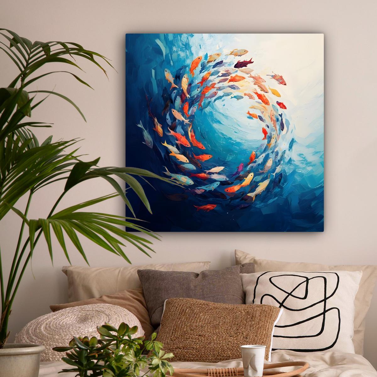 LEINWANDBILD Meer - Fische - Bunt - Dynamisch Deko Groß 90x90 cm - Hellblau, Textil (90/90cm) - MuchoWow