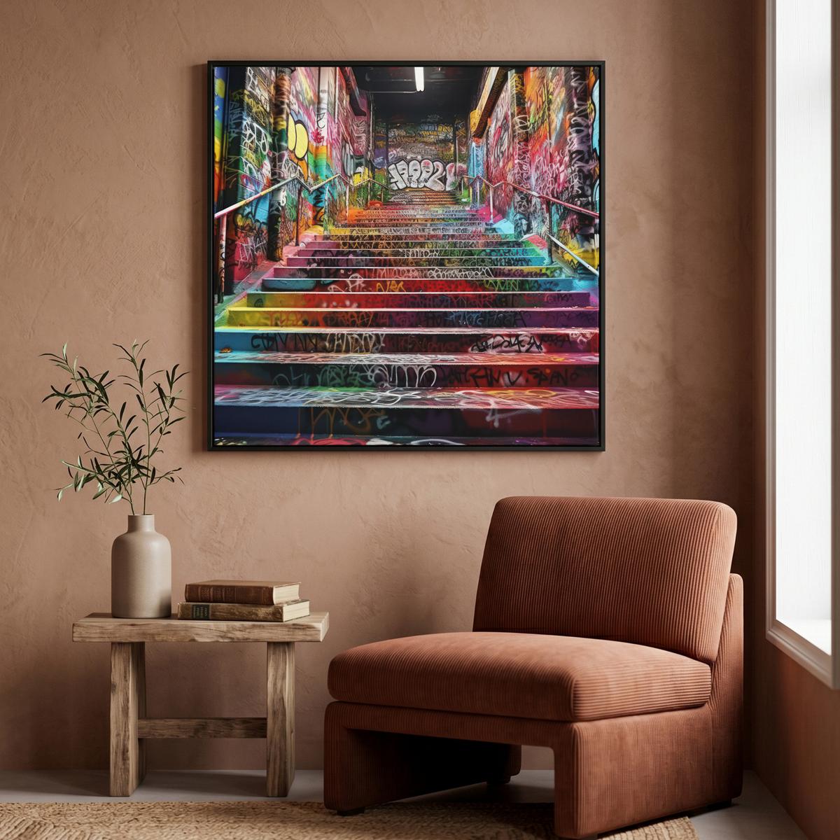 LEINWAND Bilder mit Rahmen - Treppe - Graffiti - Farben - Kunst - 90x90 - Multicolor, Textil (90/90cm) - MuchoWow