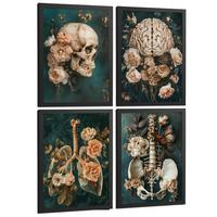 POSTER Set aus 4 Anatomie Mensch Drucke und mit Schädel Gehirn Lungen Luftröhre Bronchien Becken Wirbelsäule Florales Größe Schwarzer Rahmen A3 - Schwarz, Papier (29.7/42/3cm) - Nacnic