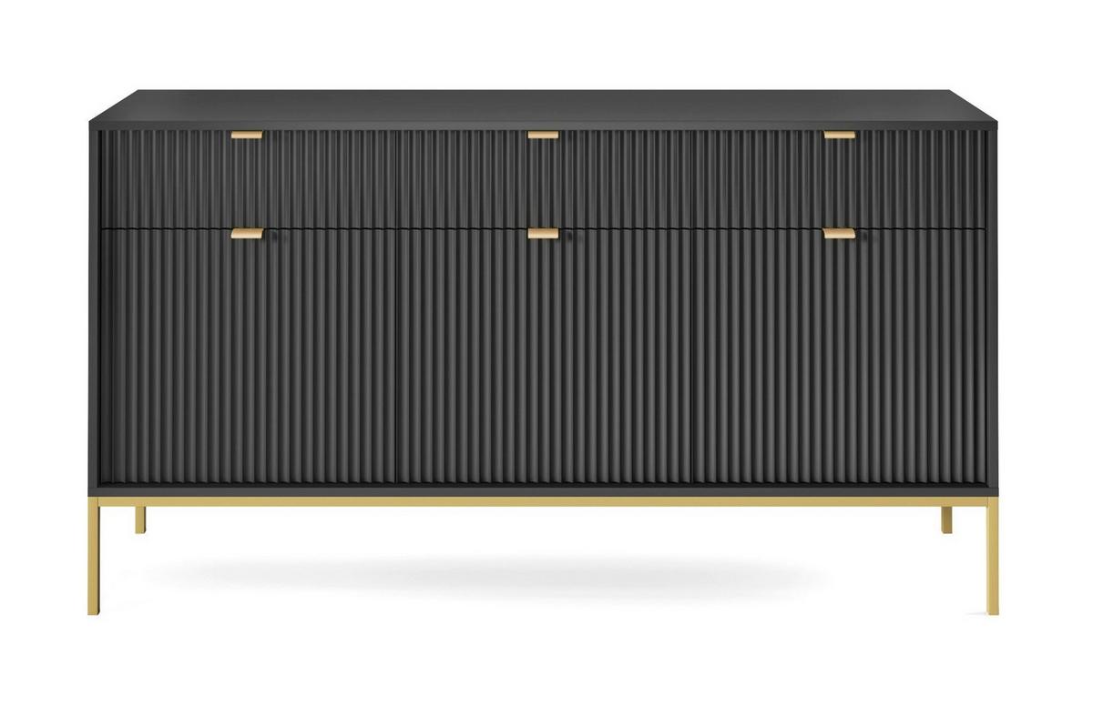 SIDEBOARD Eternas 3T 3S Schwarz 154/83/39 cm – goldene Füße, mit geriffelten Fronten - Goldfarben/Schwarz, Holzwerkstoff (154/83/39cm) - AX Living