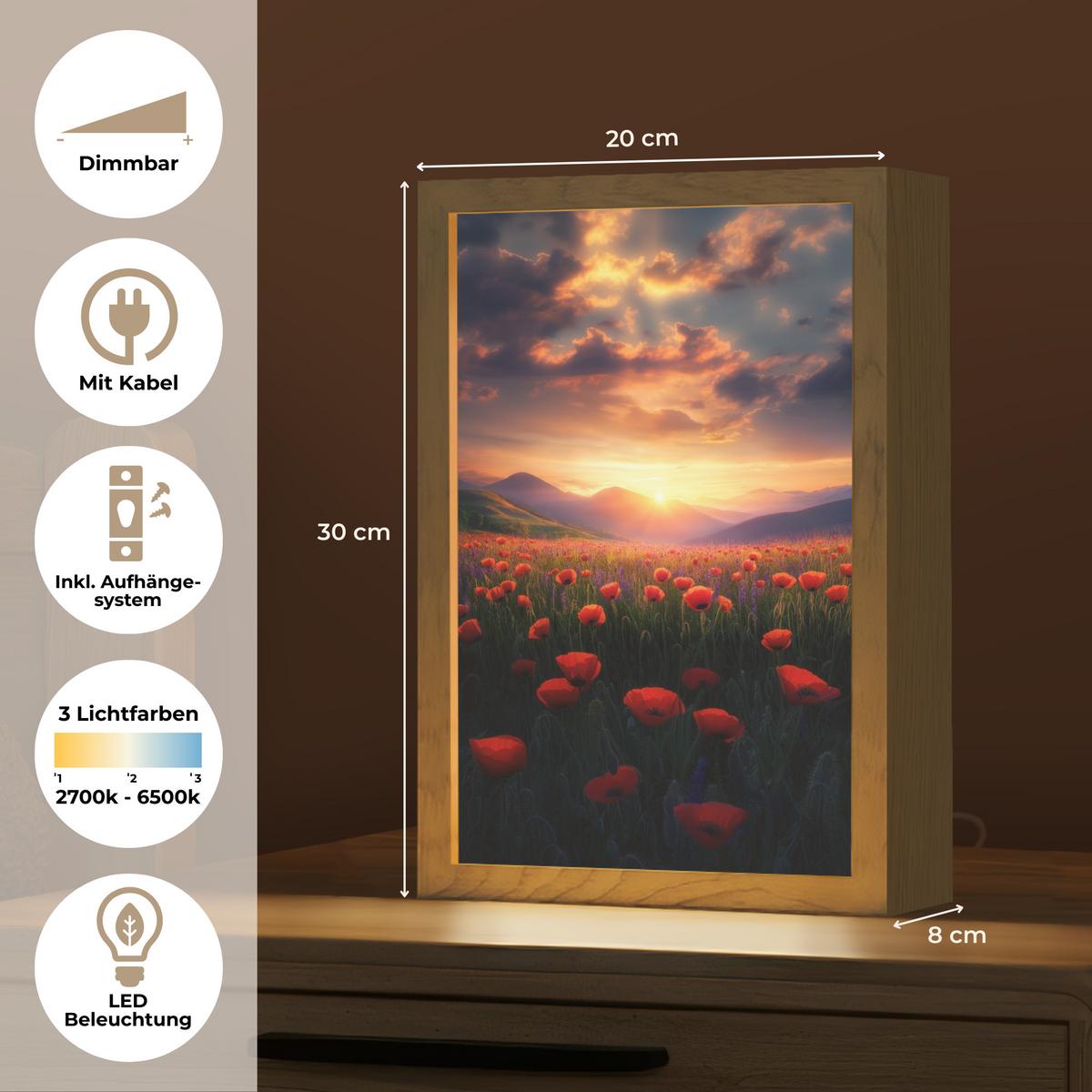 TISCHLEUCHTE Landschaft - Sonnenuntergang - Blumenfeld 20x30 cm - Dunkelblau, Holzwerkstoff (8/20/30cm) - OnlyWow