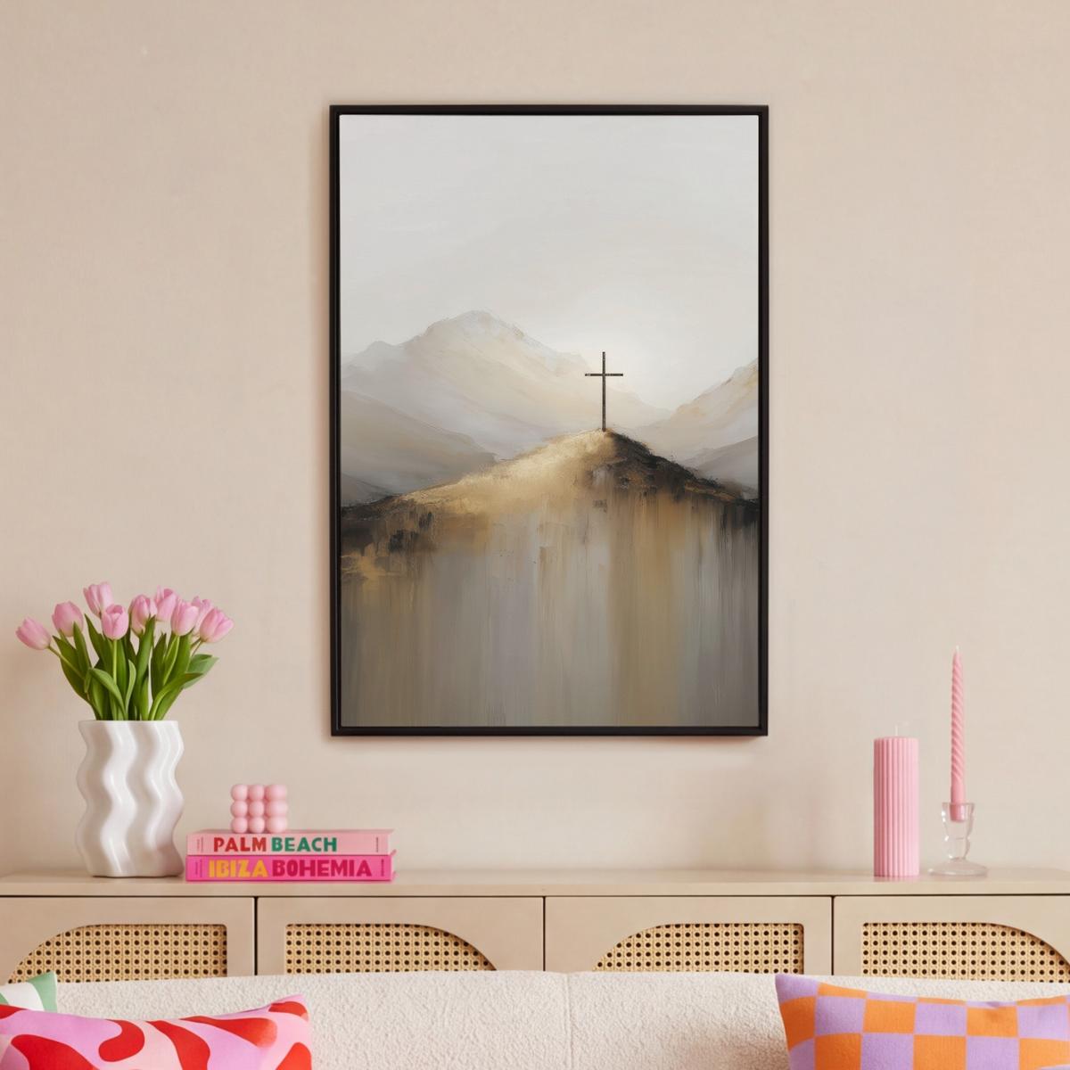 LEINWAND Bilder mit Rahmen - Hügel - Abstrakt - Kreuz - Christentum - 60x90 - Beige, Textil (60/90cm) - MuchoWow