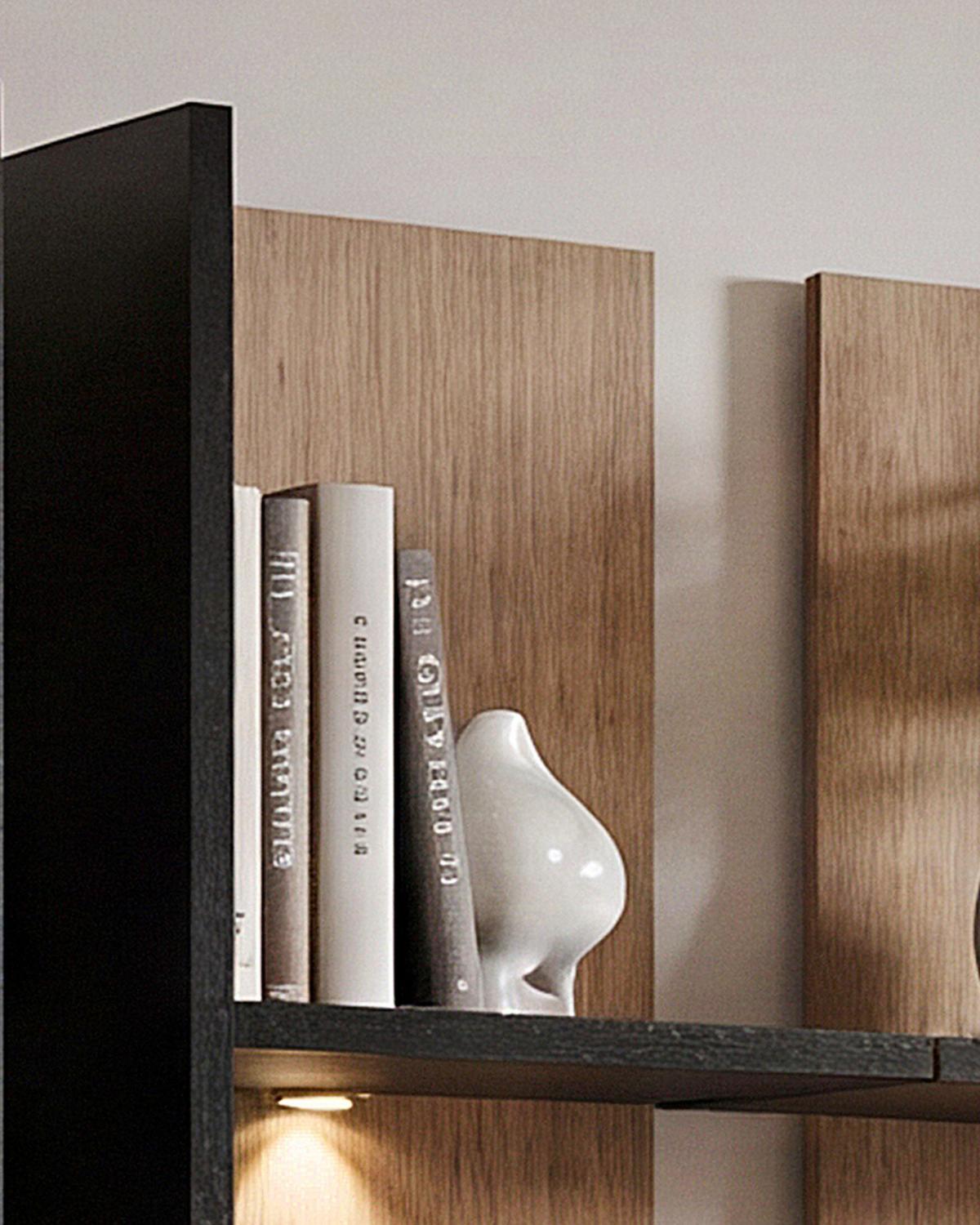 WOHNWAND Schwarz mit Vicking Eiche 300 cm, 6-teilig, inklusive LED und Push-to-Open-Funktion - Eichefarben/Schwarz, Holzwerkstoff (300/160/45cm) - Inn.Furn