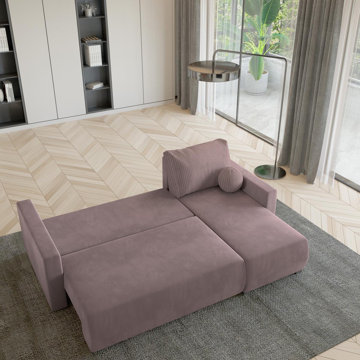 ECKSOFA SORGE Rosa Plüsch-Stoff mit Schlaffunktion - Rosa, Holz (220/143cm) - MASSENO