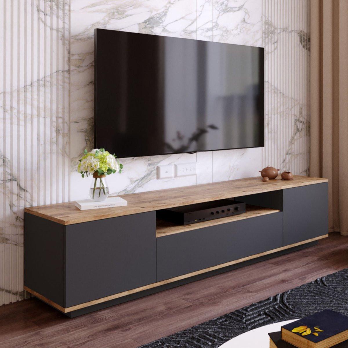 TV-MÖBEL mit 3 Türen - L180 cm - Eiche Artisan/Grau, Holz/Holzwerkstoff (44.5/44.6/180cm) - Calicosy