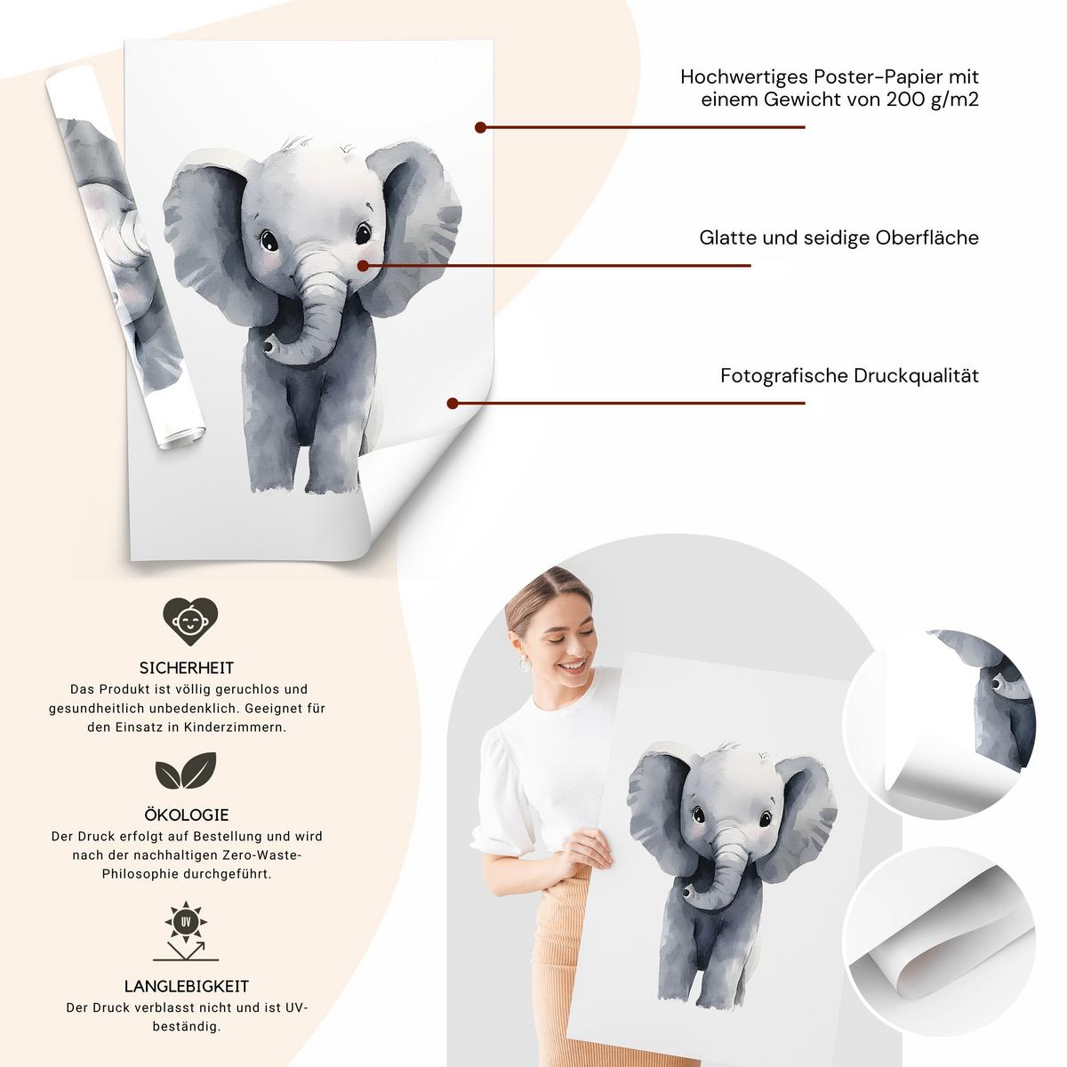 POSTER SET für Kinderzimmer WILDETIERE Löwe Elefant Giraffe 3x Poster A3 30x42cm - Gelb/Orange, Papier (30/42/1cm) - Muralo
