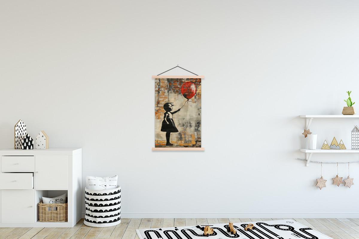 POSTER MIT MAGNETLEISTEN Graffiti - Banksy - Mädchen - Straßenkunst Wandbild Schlafzimmer 60x90 cm - Sandfarben, Textil (60/90/0.15cm) - MuchoWow