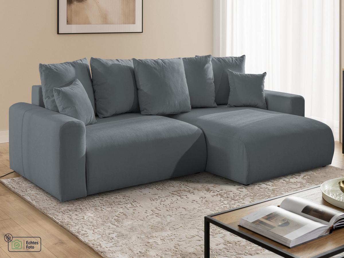 ECKSOFA Calma mit Schlaffunktion und Bettkasten im Bumpy-Design aus weichem Dunkelgrau Webstoff - Ottomane rechts - Dunkelgrau/Schwarz, Holz/Kunststoff (140/239cm) - S-Style
