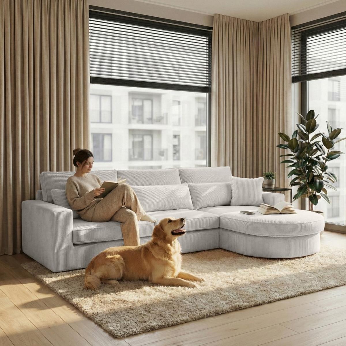 ECKSOFA Pablo ohne Schlaffunktion, mit abgerundeter Ottomane, rechts, Graubeige - Hellgrau, Textil (319/196cm) - Beautysofa