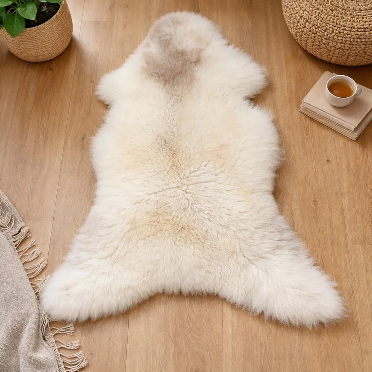 LAMMFELL Natur Schaffell hell gefleckt langhaar ca. 105 cm - Creme/Weiß, Fell (60/105cm) - Provellus