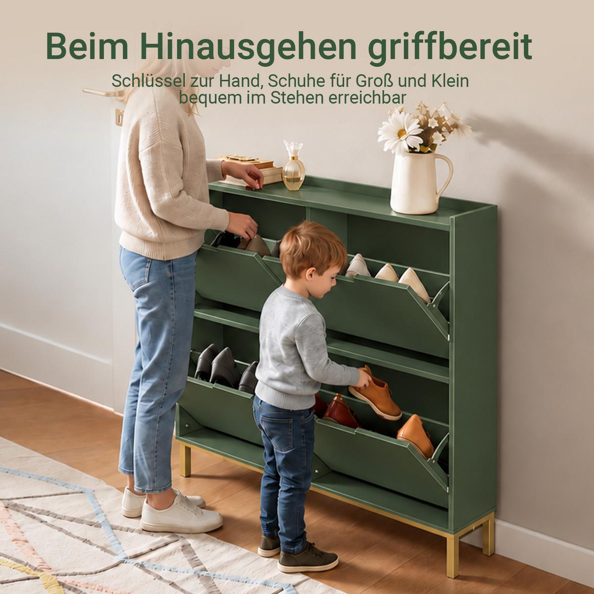 SCHUHSCHRANK dunkelgrün, 100x91x19 cm, 4 Klappen für 8 Paar, goldene Metallfüße, bis EU 47, nur 19 cm tief - Dunkelgrün, Holzwerkstoff/Metall (100/91/19cm) - SoBuy