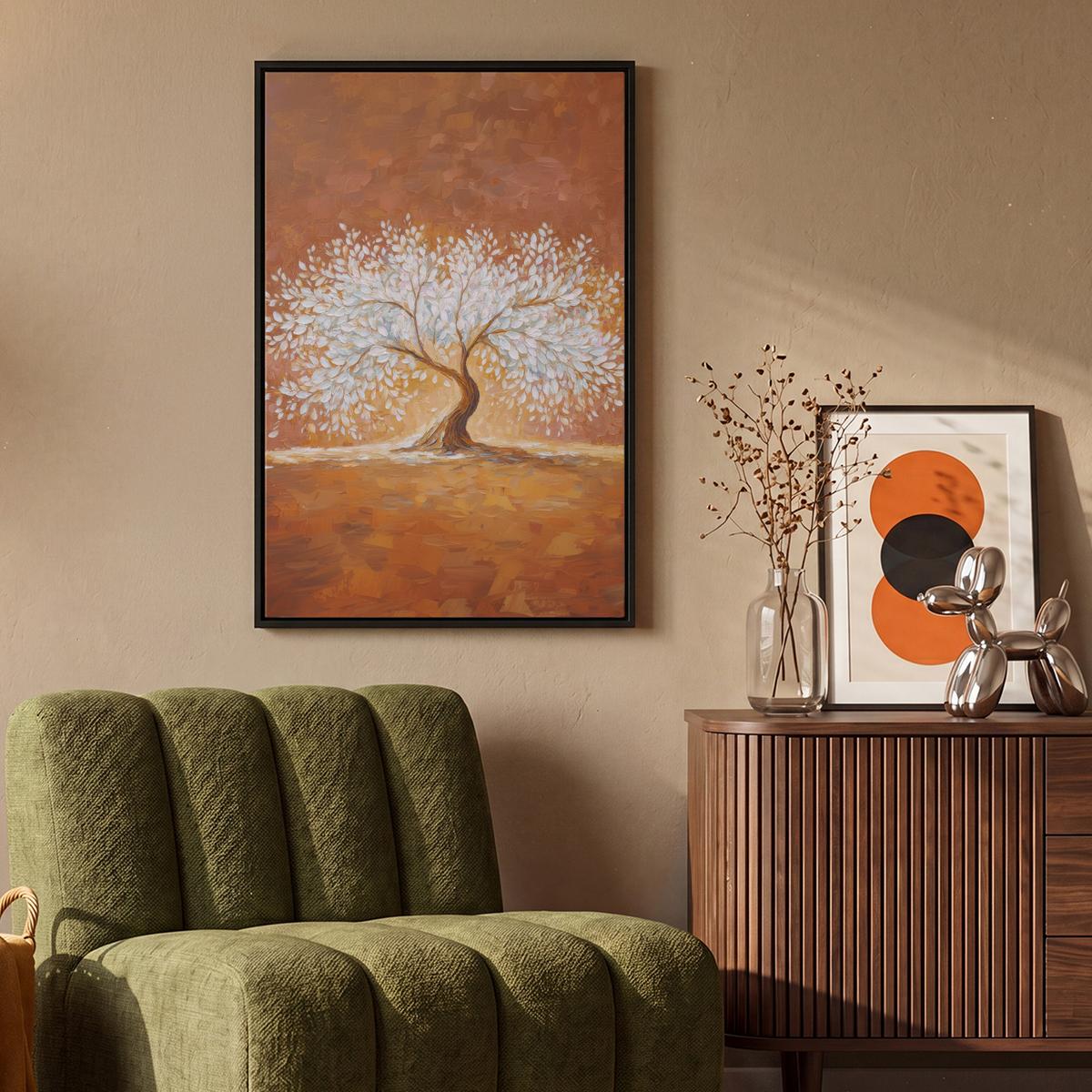 LEINWAND Bilder mit Rahmen - Abstrakt - Baum - Weiß - Blätter - 60x90 - Braun, Textil (60/90cm) - MuchoWow