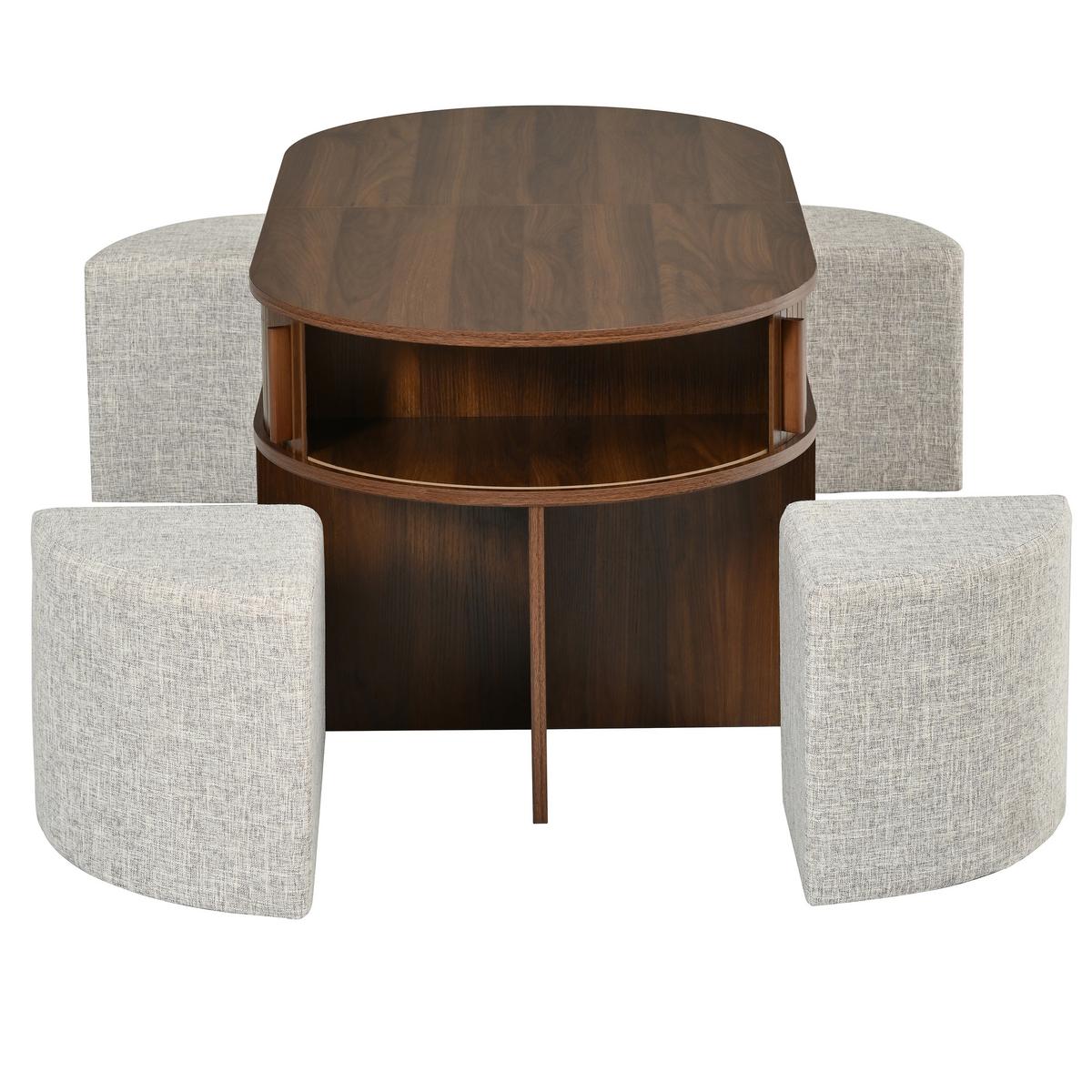 COUCHTISCH Oval Nussbaum mit Stoffhockern Schiebetüren & Rillenoptik - Walnussfarben, Holzwerkstoff (60/120/51.5cm) - Urban Meuble