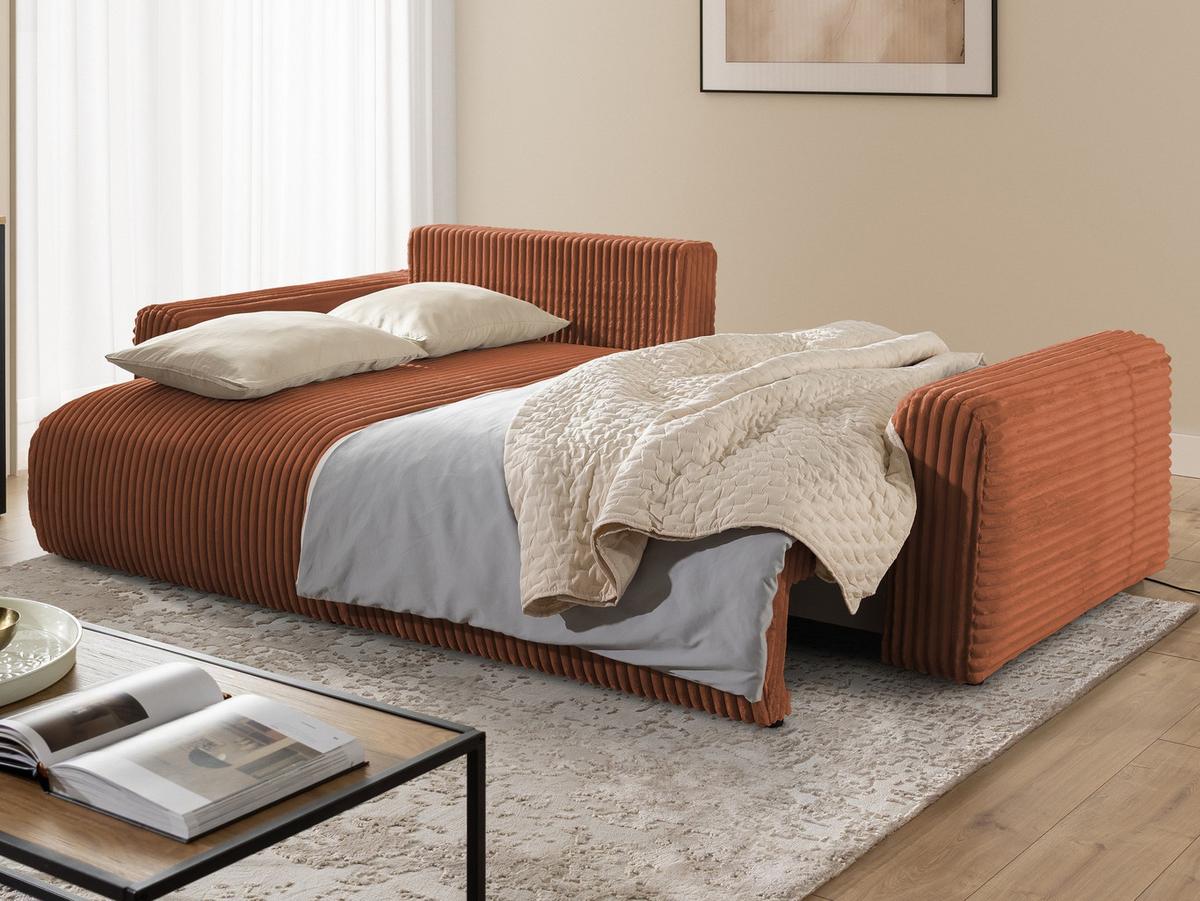 ECKSOFA Calma mit Schlaffunktion und Bettkasten im Bumpy-Design aus weichem Terrakotta Plüschcord - Ottomane links - Terracotta/Schwarz, Holz/Kunststoff (239/140cm) - S-Style