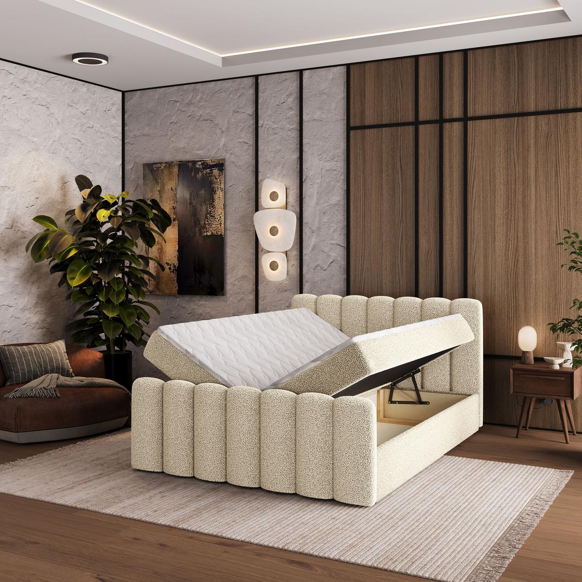 BOXBETT CELLA 140x200 cm mit Matratze und Topper - Creme - Creme, Holz (140/200cm) - MASSENO