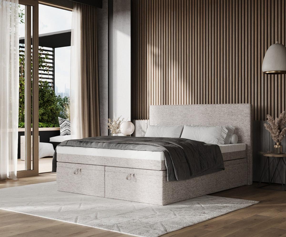 BOXBETT Zalla 160/200 cm Beige im Neve Stoff - Beige/Schwarz, Holz/Holzwerkstoff (160/200cm) - AltaBeds