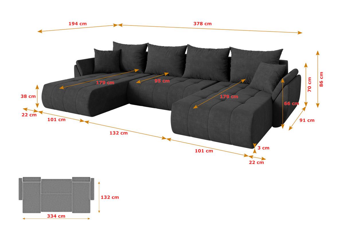 WOHNLANDSCHAFT mit Schlaffunktion und Bettkasten TOKO-U 378x194x86 Dunkelgrau Velours - Anthrazit/Schwarz, Holzwerkstoff/Kunststoff (378/86/194cm) - ALTDECOR