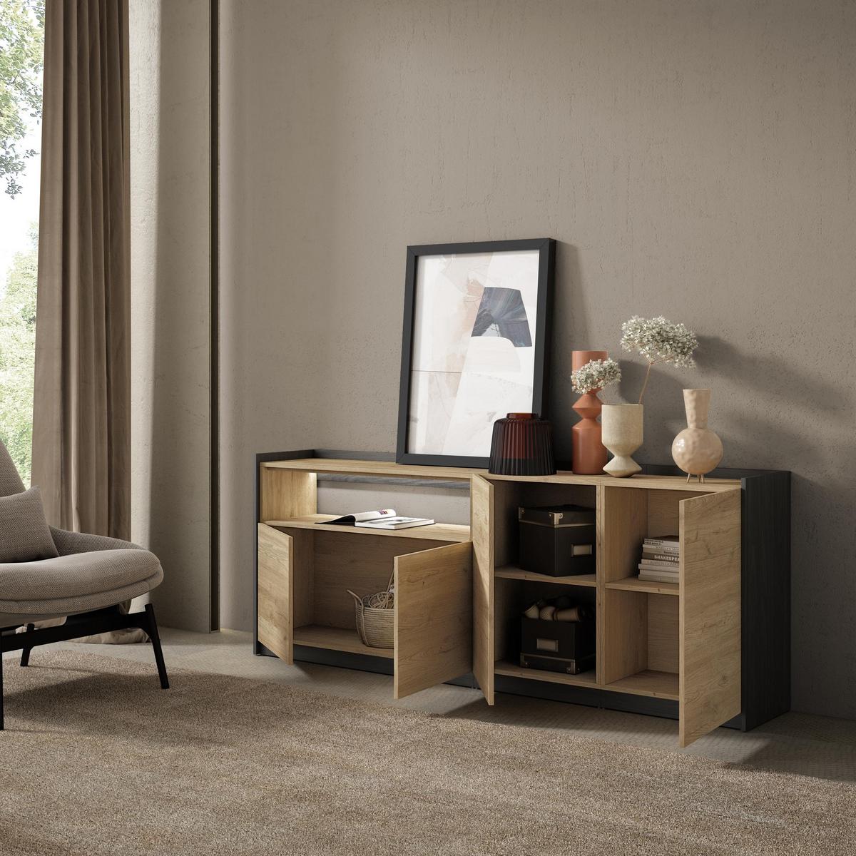 SIDEBOARD, Eiche und Schwarz, 207/37/80cm, mit Led - Eichefarben, Holzwerkstoff (207/80/37cm) - Skraut Home