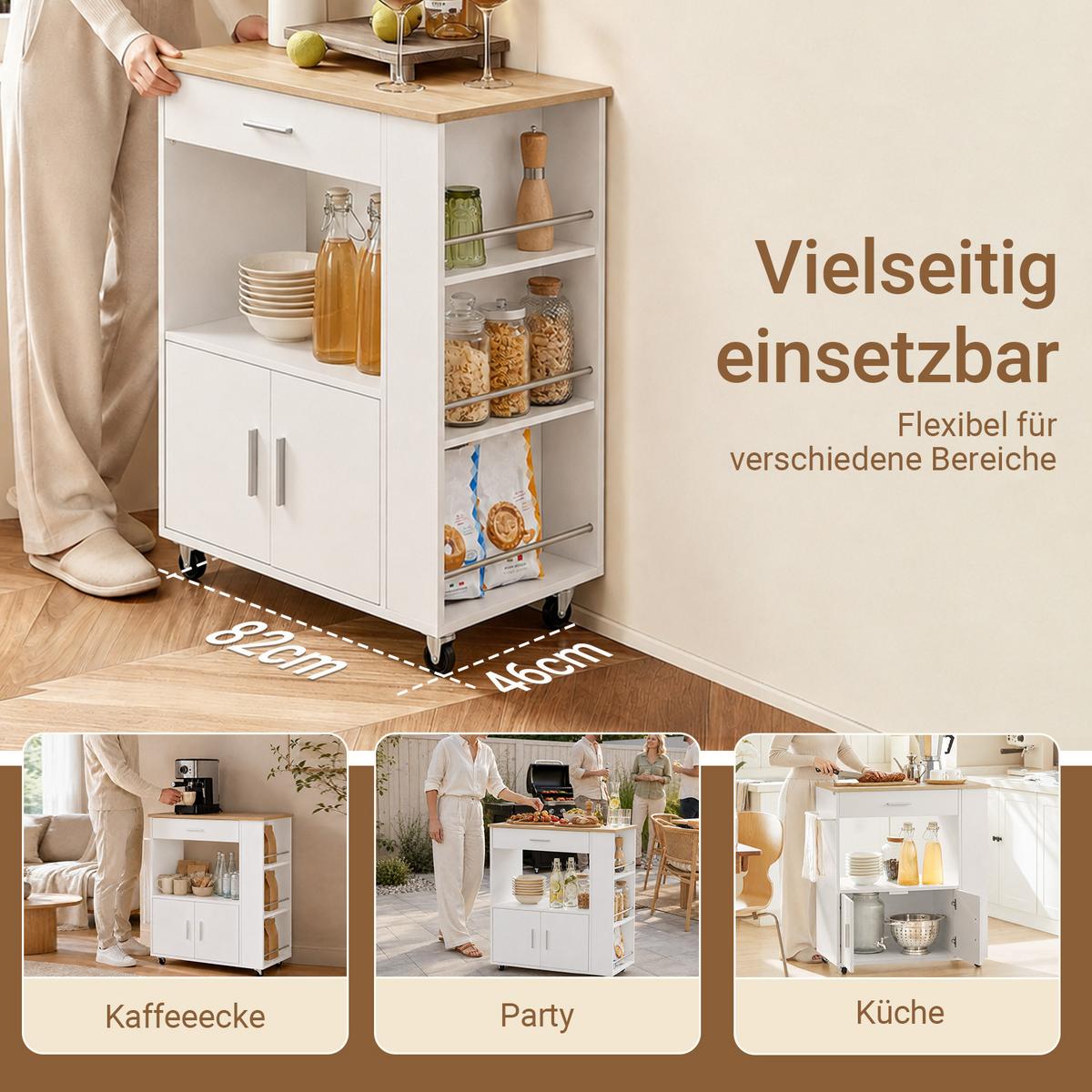 SERVIERWAGEN weiß mit Bremsrollen, 82 x 88 x 46 cm, Schublade, 3 Seitenregale, Handtuchhalter, für die Küche - Weiß, Holzwerkstoff (82/88/46cm) - SoBuy