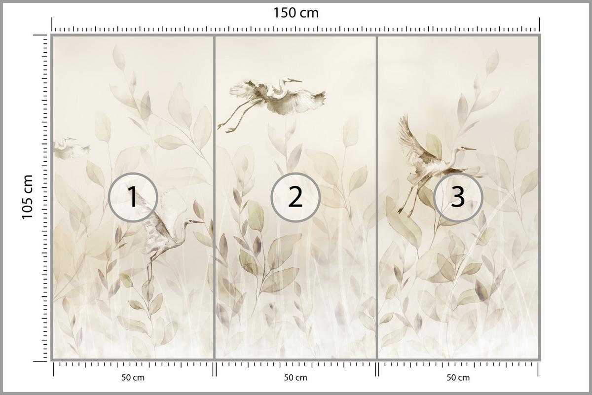 FOTOTAPETE Vögel Blätter Wiese Retro Stil 150x105 - Beige, Papier (150/105cm) - Muralo