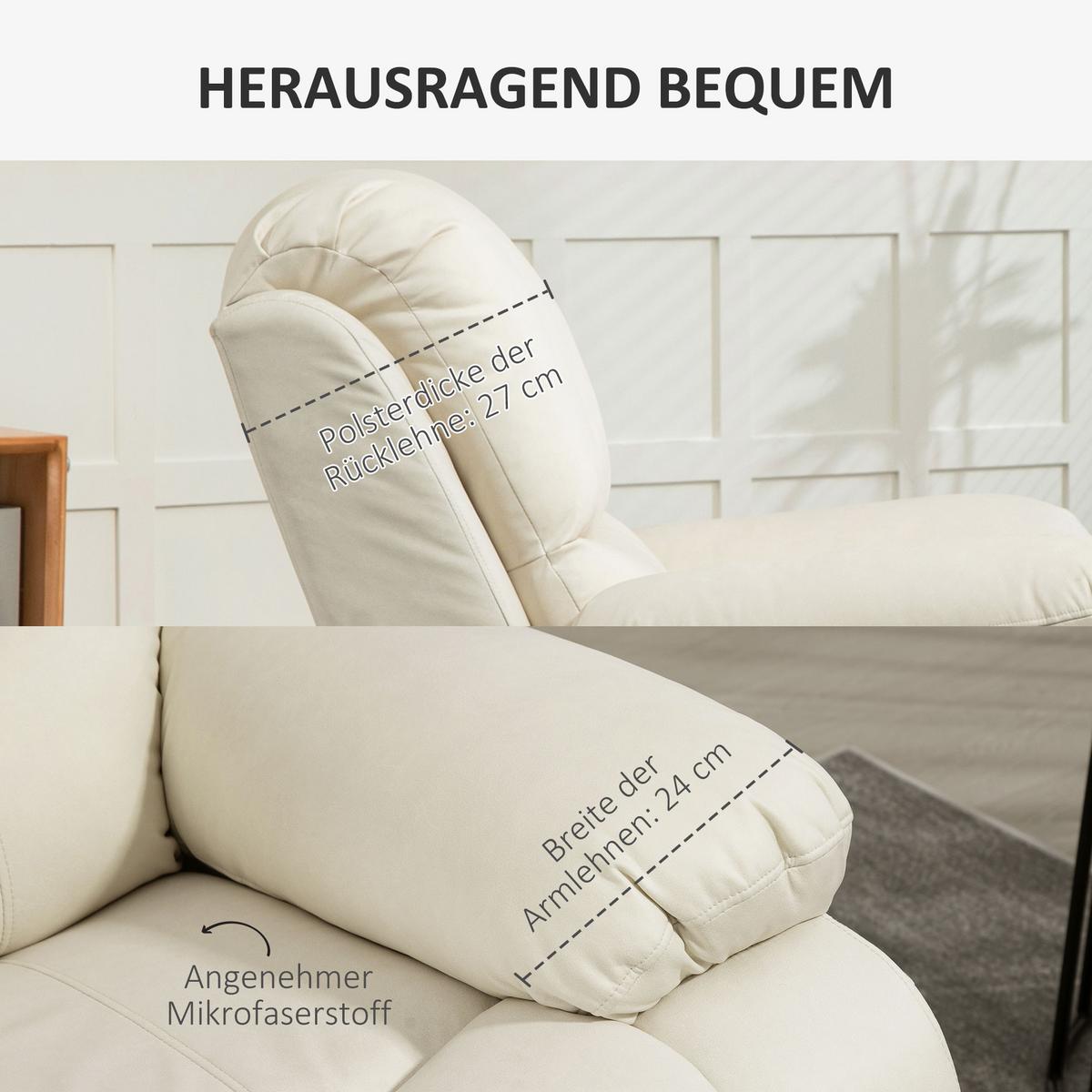 RELAXSESSEL Fernsehsessel mit Liegefunktion, Fußstütze für Wohnzimmer Creme - Creme/Schwarz, Textil/Metall (100/98/93cm) - HOMCOM