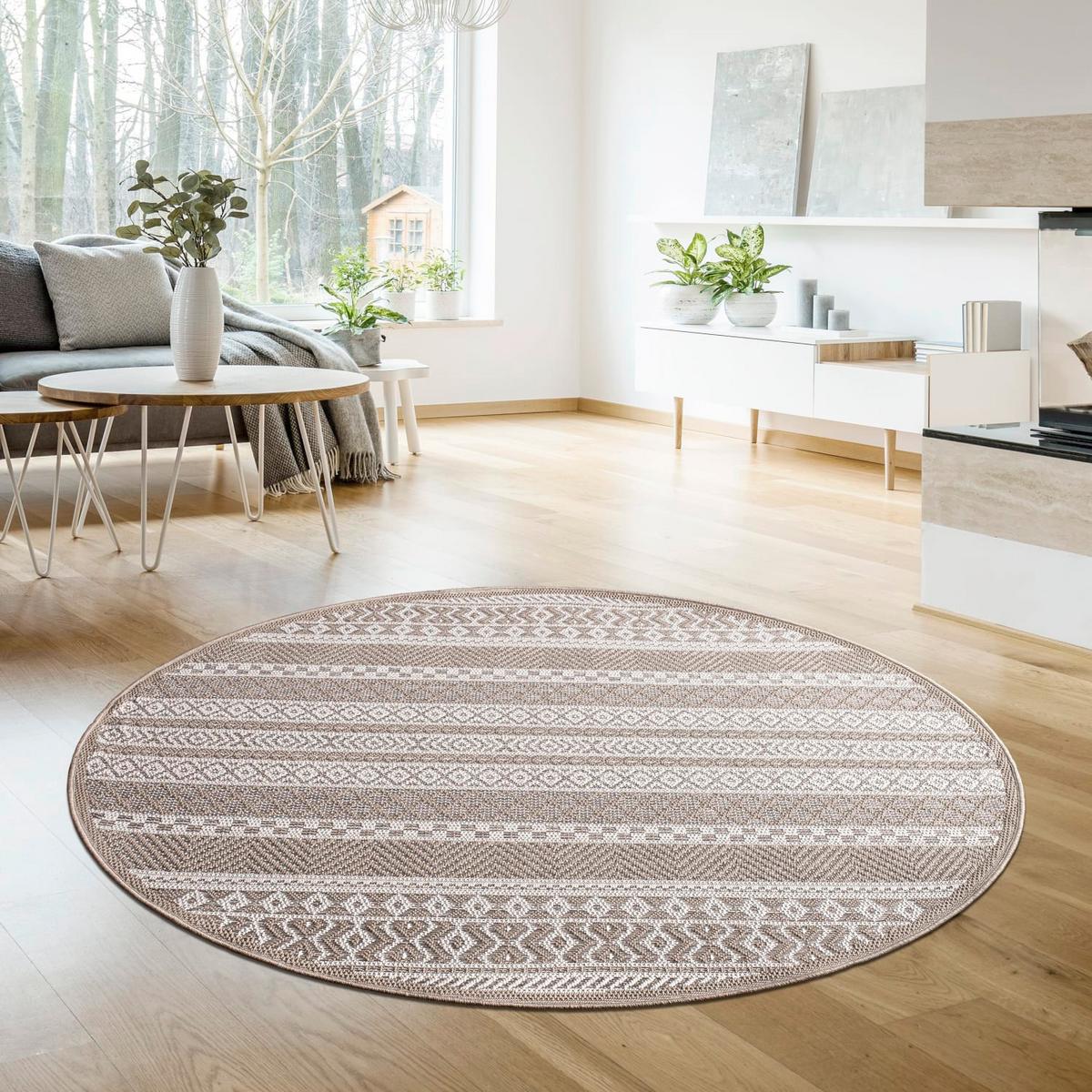 FLACHWEBTEPPICH, gestreift im Boho-Stil, Beige, Ø 120 cm - Beige, Textil (120/120cm) - KADIMA DESIGN