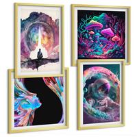 BILDER SET 4er Set - 50x50 cm & 40x60 cm Goldrahmen - Farbenfrohe Fantasy-Kunstillustrationen - Goldfarben, Kunststoff (50/50cm) - TULUP