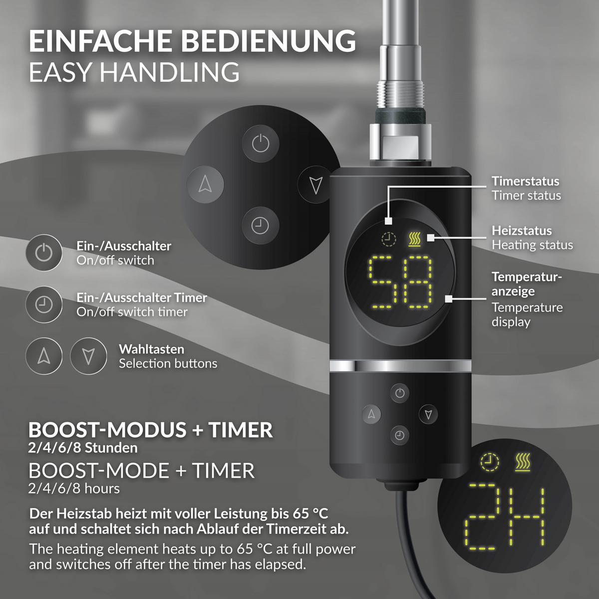 HEIZSTAB 300W Schwarz für Badheizkörper mit Thermostat und Digitalanzeige - Chromfarben, Metall - LuxeBath