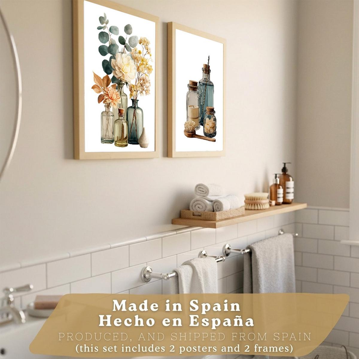 POSTER 2er-Set dekorative Badezimmer-Poster, minimalistische Wandbilder moderne Dekoration mit Blumen und Flaschen Leichter Holzrahmen A3 - Beige, Papier (42/29.7/3cm) - Nacnic