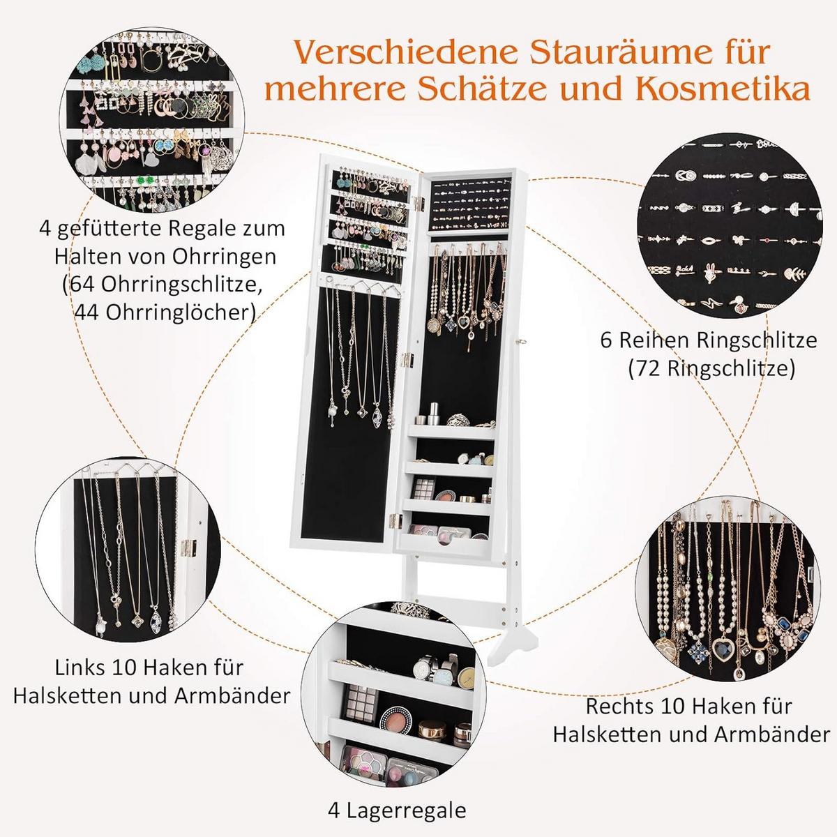 SCHMUCKSCHRANK 144cm Weiß - Weiß, Holz (35/144/30cm) - COSTWAY