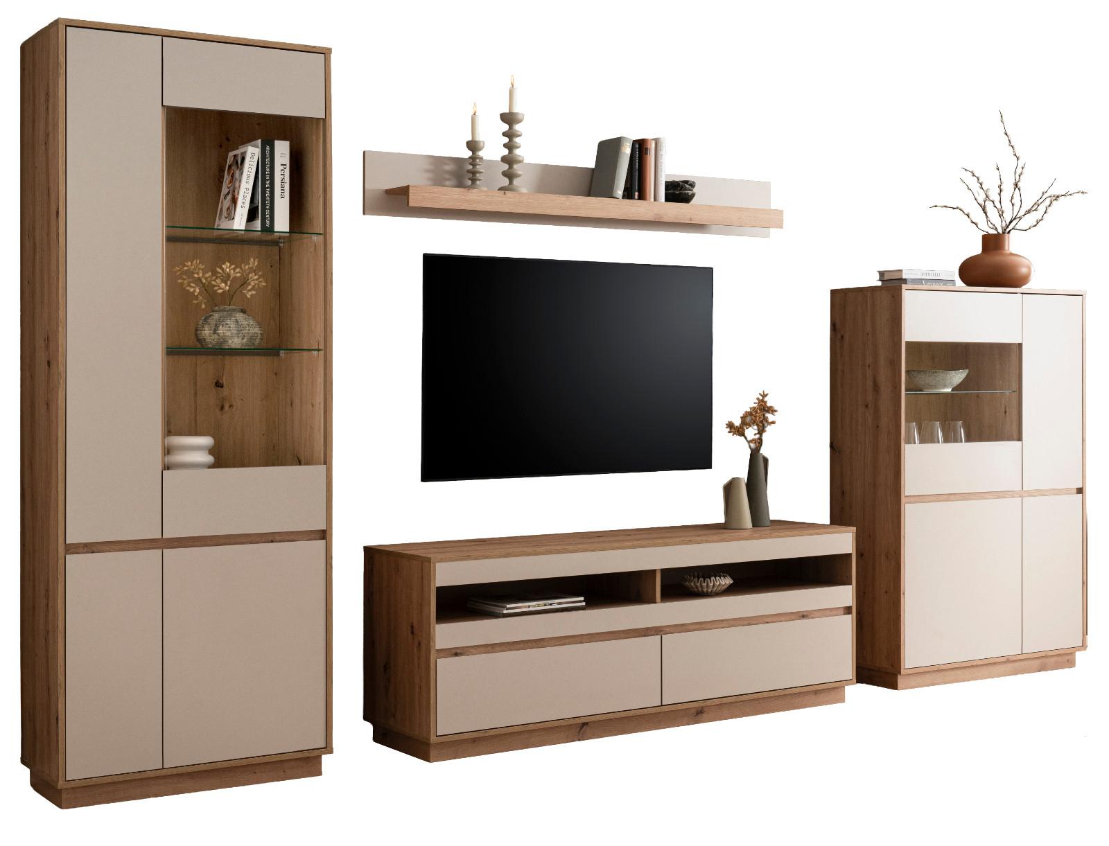 WOHNWAND Kaschmir, Artisan Eiche 4-teilig 342 cm, Schrankwand mit Soft-Close - Kaschmir/Eiche Artisan, Glas/Holzwerkstoff (342/205/45cm) - Furn.Design